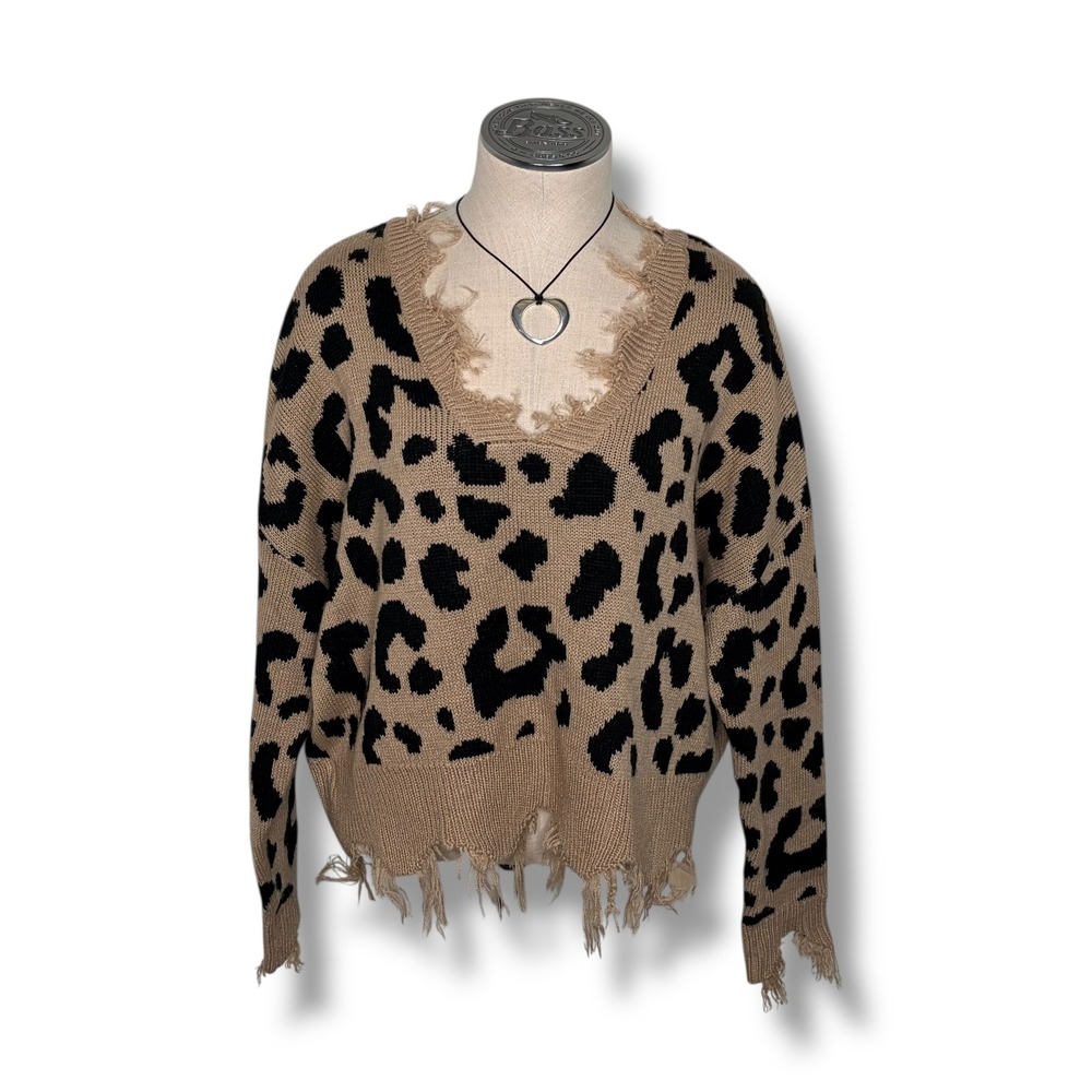Polly & Esther M Leopard Print Distressed V Neck Sweater Grunge Distressed Chic
